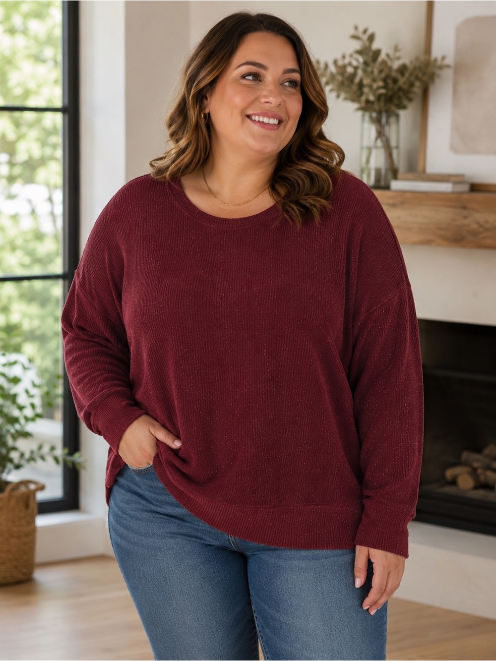 Berkley Jensen Burgundy Shimmer Lurex Velour Sweater Size XL